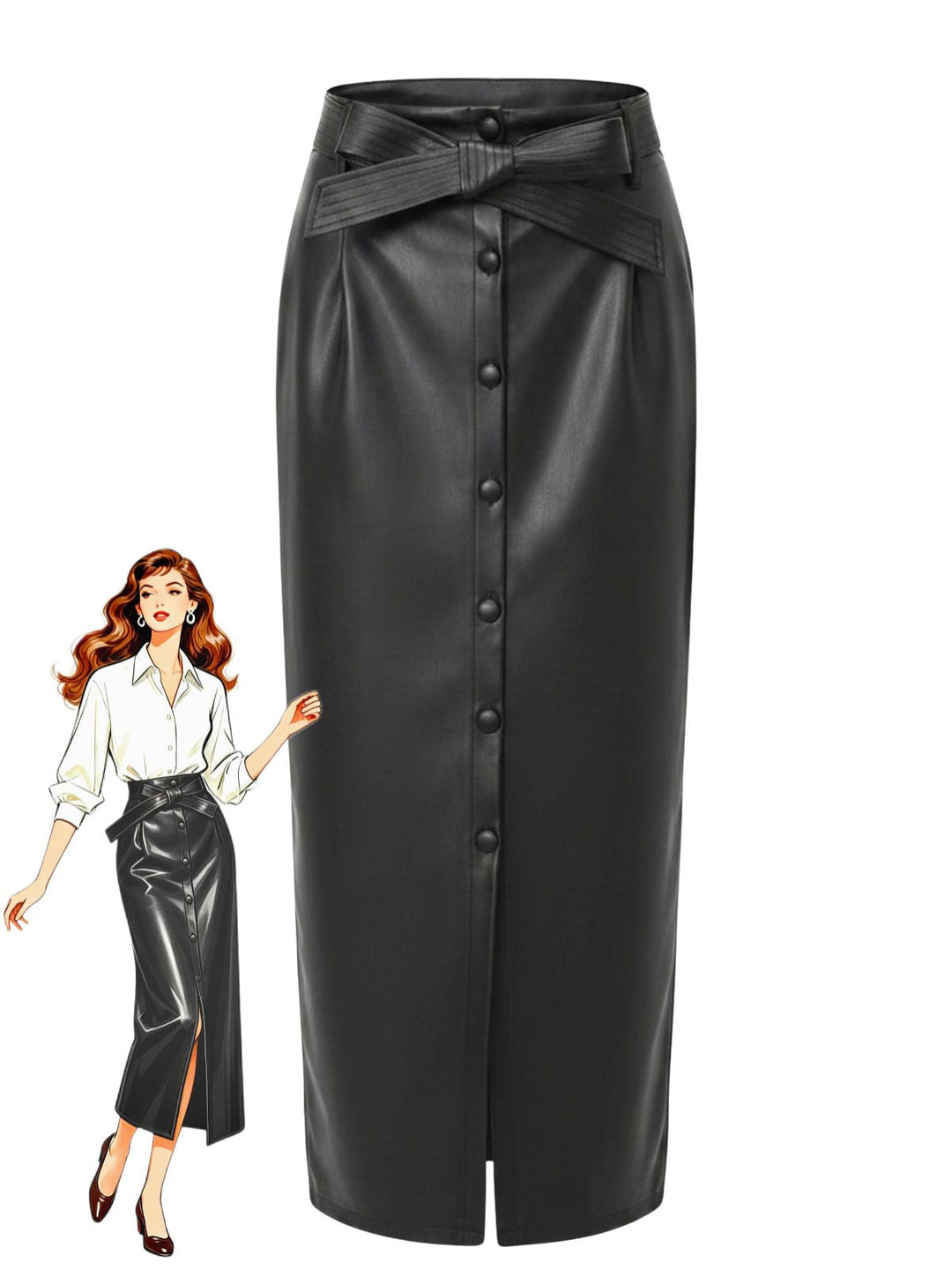 Belted PU Leather Vintage Maxi Skirt