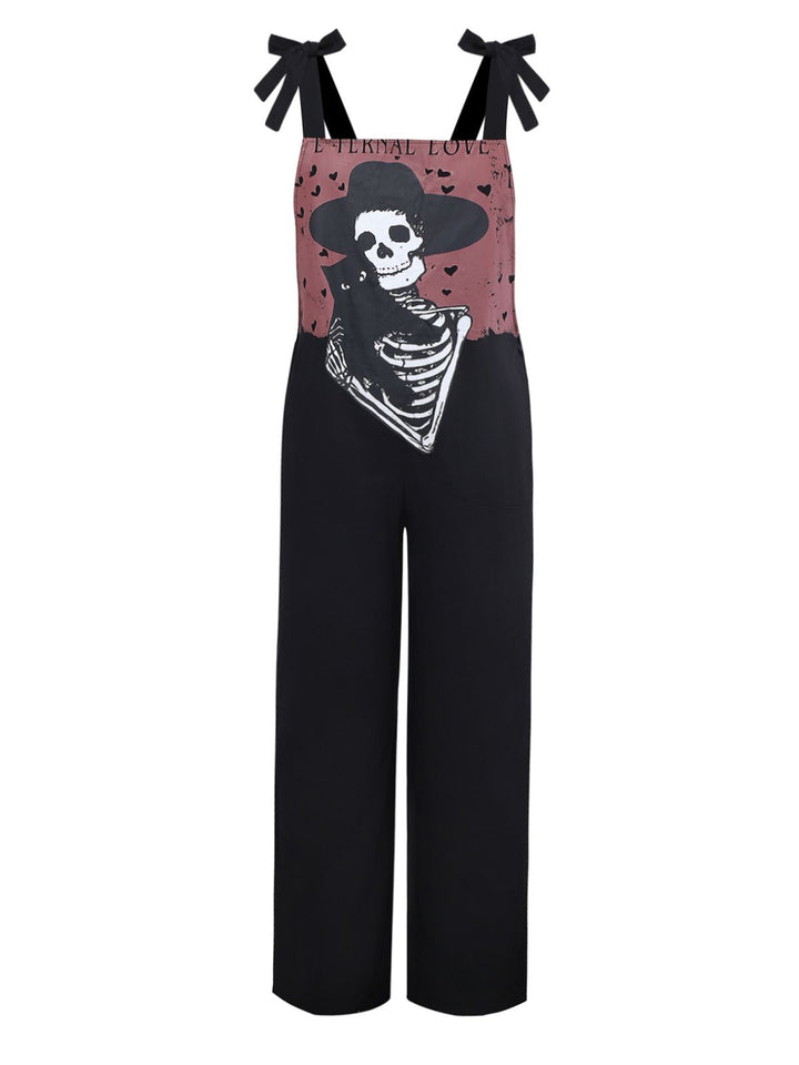 Black 1970s Halloween Gothic Skeleton Print Suspender Jumpsuit - vintage jumpsuit, retro fashion, classic black