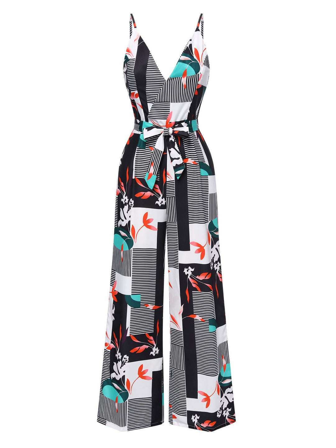 Multicolor 1970s V-Neck Geometric Plant Straps Jumpsuit - vintage jumpsuit, retro fashion
