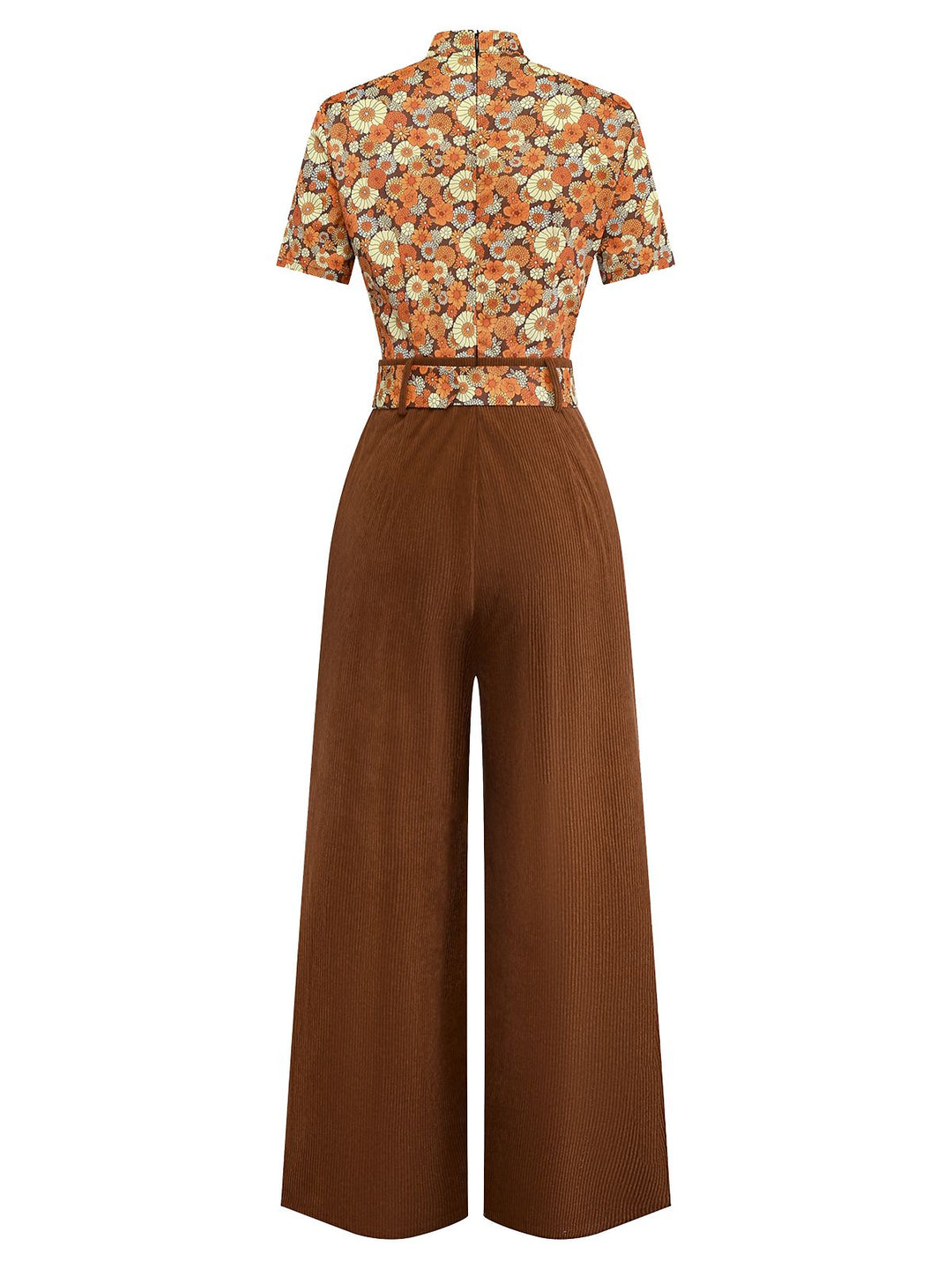 Orange 1970s Daisy Corduroy Patchwork Tie Neck Jumpsuit - vintage jumpsuit, retro fashion