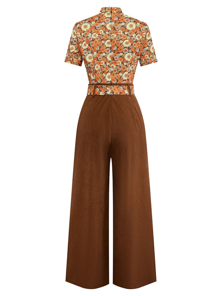 Orange 1970s Daisy Corduroy Patchwork Tie Neck Jumpsuit - vintage jumpsuit, retro fashion