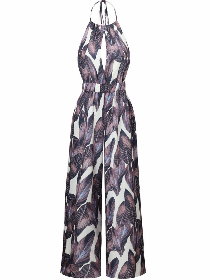 Purple 1970s Tropical Print V-Neck Wide Leg Jumpsuit - vintage jumpsuit, retro fashion