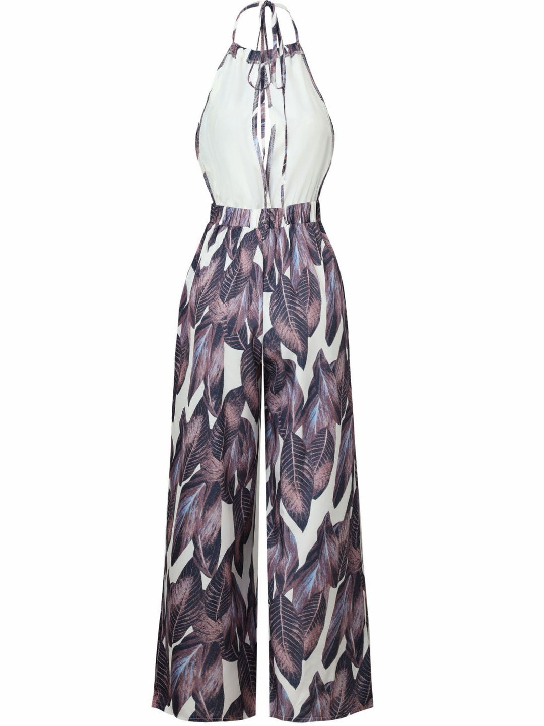 Purple 1970s Tropical Print V-Neck Wide Leg Jumpsuit - vintage jumpsuit, retro fashion