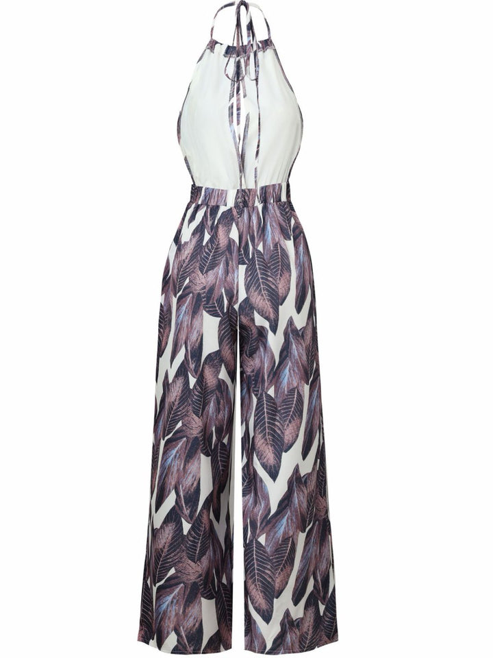 Purple 1970s Tropical Print V-Neck Wide Leg Jumpsuit - vintage jumpsuit, retro fashion