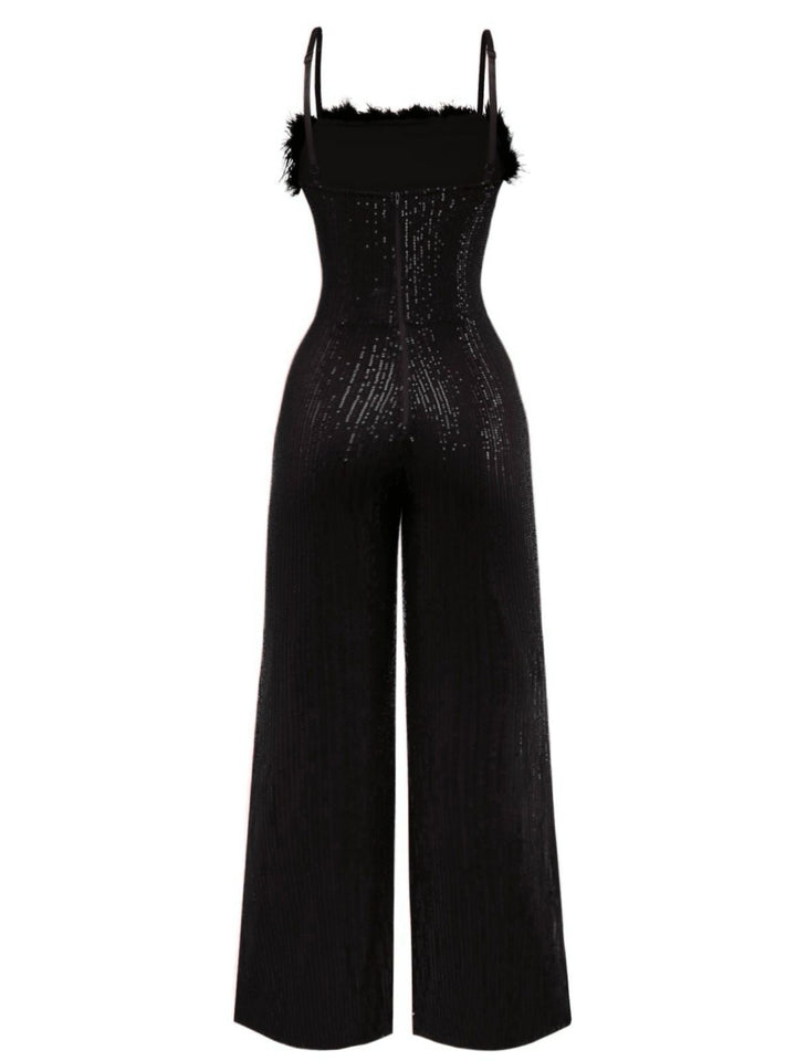 1970s Sequined Fur Trim Patchwork Spaghetti Strap Jumpsuit - vintage jumpsuit, retro fashion