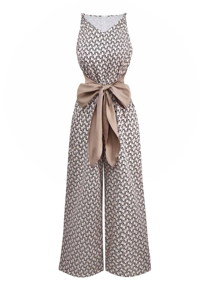 1970s Sleeveless Geometric Print Waist Bow Jumpsuit - vintage jumpsuit, retro fashion