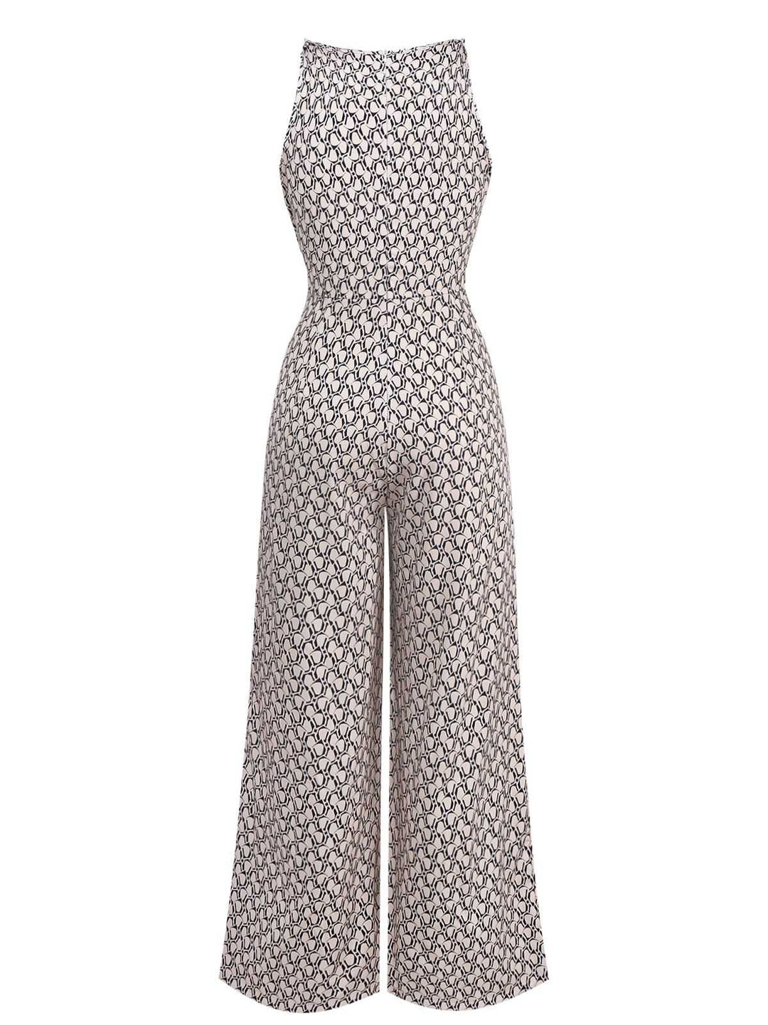 1970s Sleeveless Geometric Print Waist Bow Jumpsuit - vintage jumpsuit, retro fashion