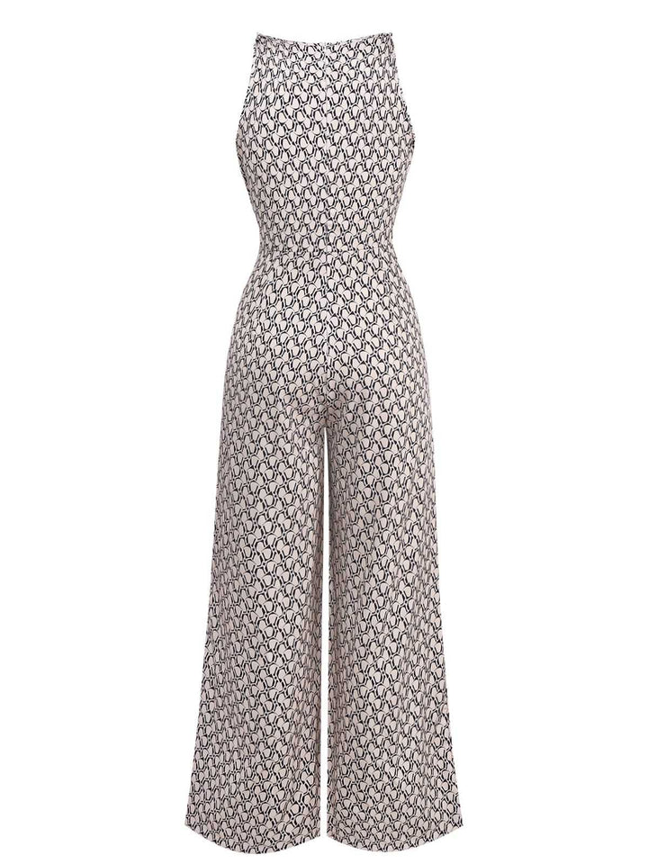 1970s Sleeveless Geometric Print Waist Bow Jumpsuit - vintage jumpsuit, retro fashion