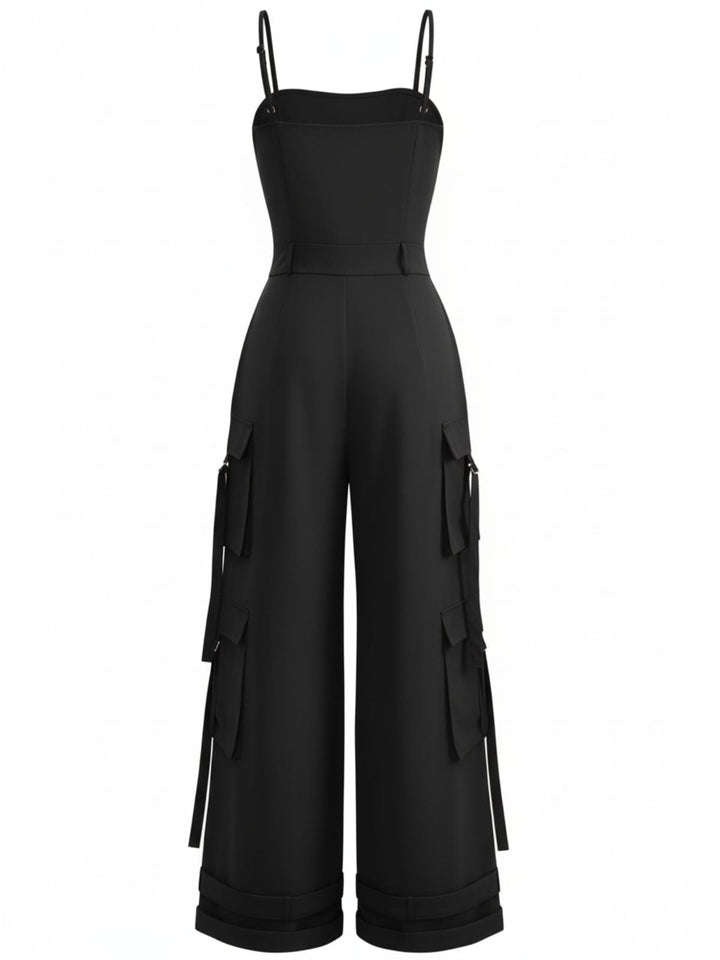 1970s Solid Spaghetti Strap Cargo Style Wide-Leg Jumpsuit - vintage jumpsuit, retro fashion