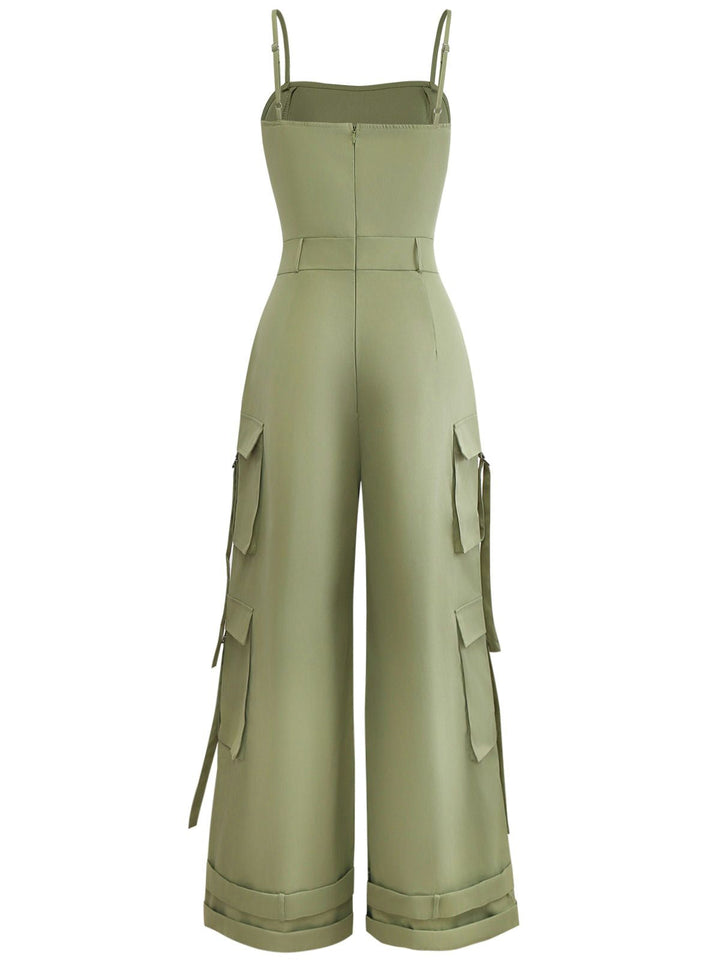 1970s Solid Spaghetti Strap Cargo Style Wide-Leg Jumpsuit - vintage jumpsuit, retro fashion