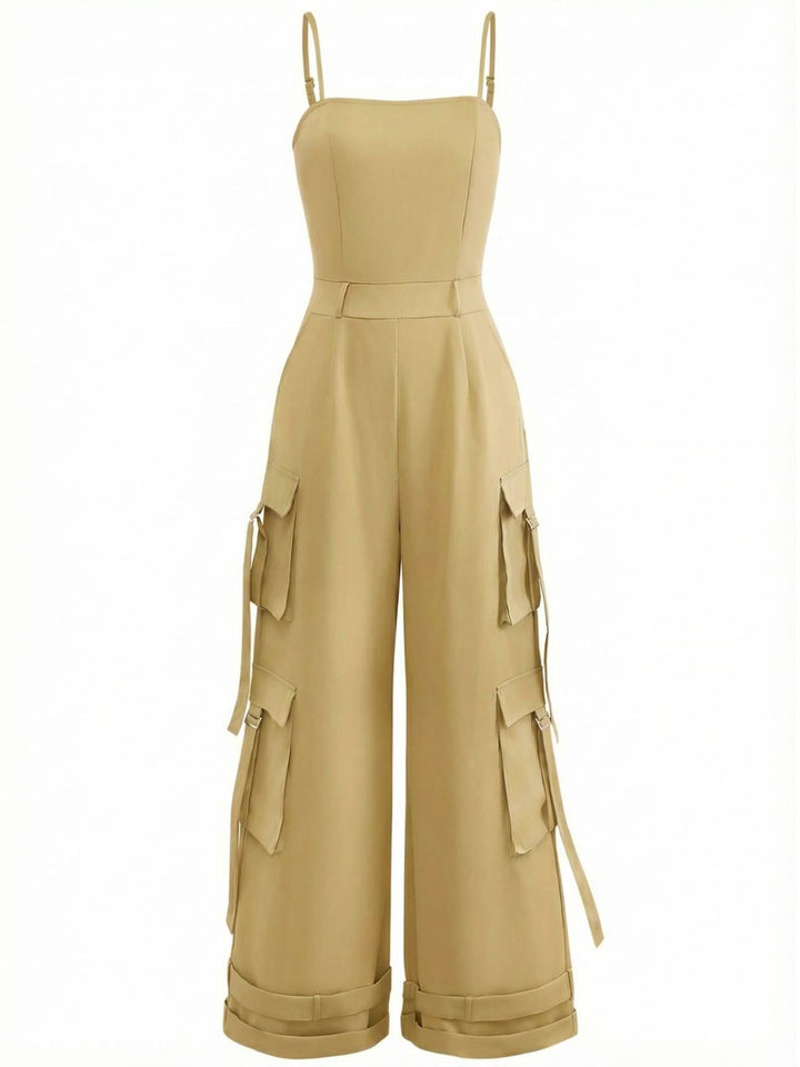1970s Solid Spaghetti Strap Cargo Style Wide-Leg Jumpsuit - vintage jumpsuit, retro fashion