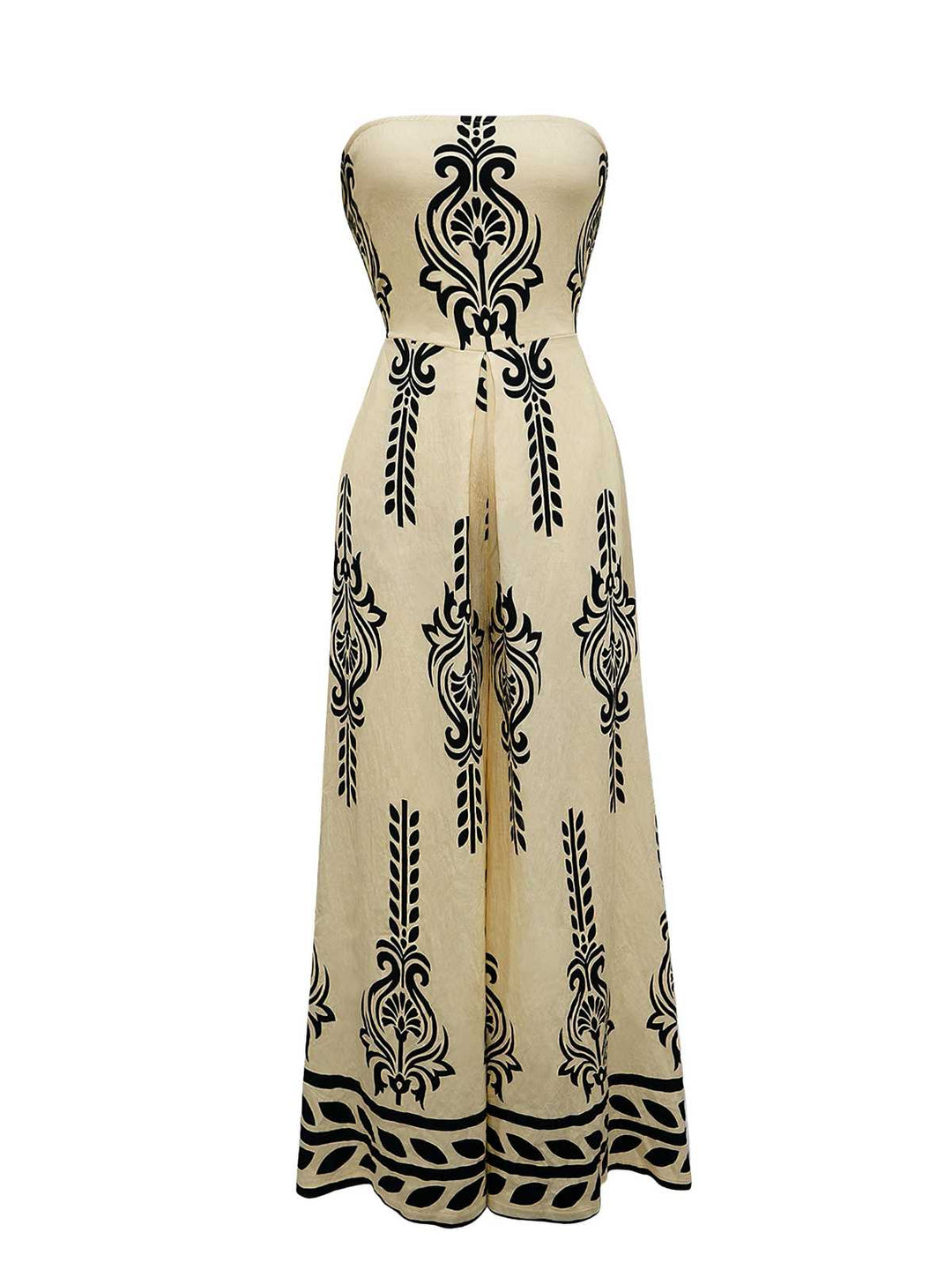 1970s Strapless Boho Tribal Printed Wide-Leg Jumpsuit - vintage jumpsuit, retro fashion
