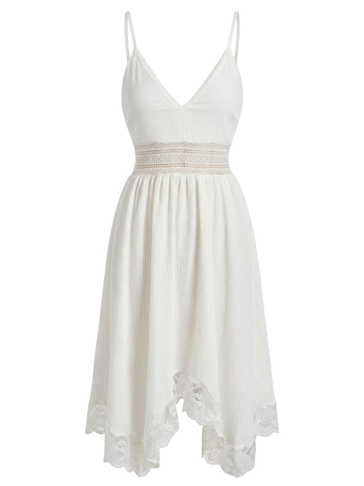 1970s Lace Textured V Neck Spaghetti Strap Dress, vintage dress, retro fashion, lace detail - perfect for women who love vintage and retro fashion
