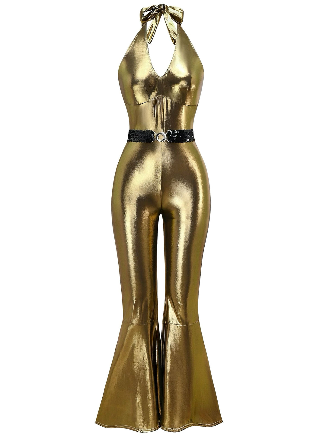 1970s Metallic Disco Halter Belted Jumpsuit - vintage jumpsuit, retro fashion