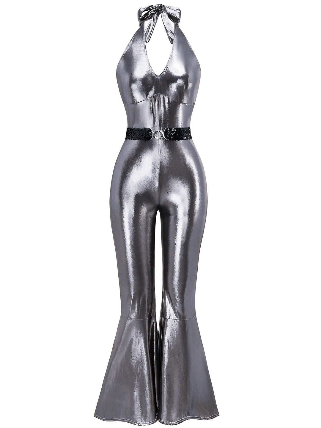 1970s Metallic Disco Halter Belted Jumpsuit - vintage jumpsuit, retro fashion