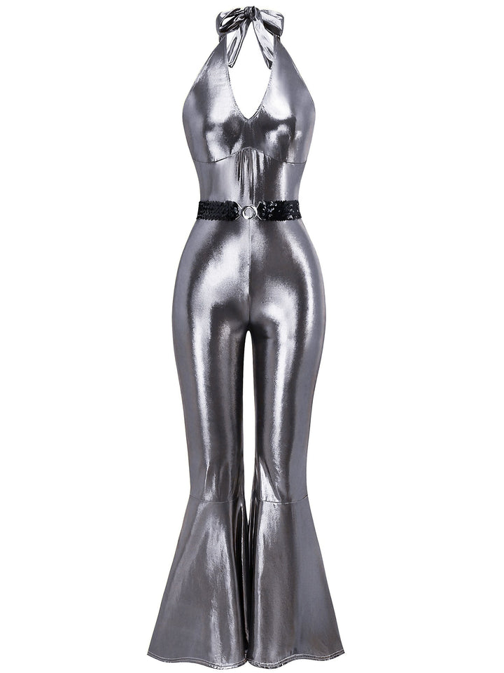 1970s Metallic Disco Halter Belted Jumpsuit - vintage jumpsuit, retro fashion