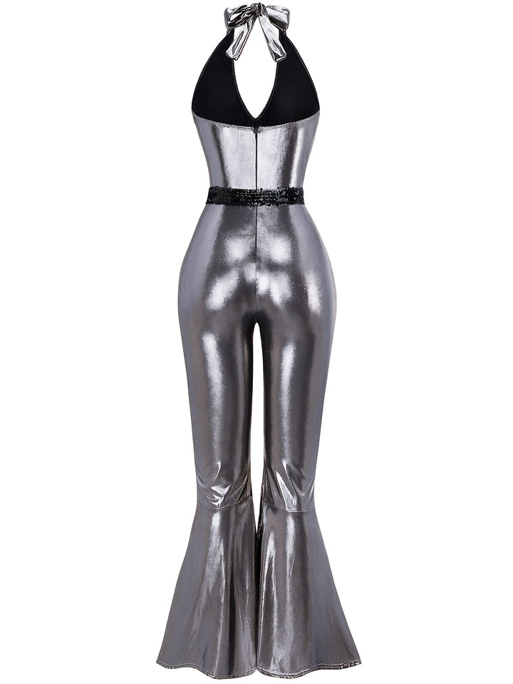 1970s Metallic Disco Halter Belted Jumpsuit - vintage jumpsuit, retro fashion