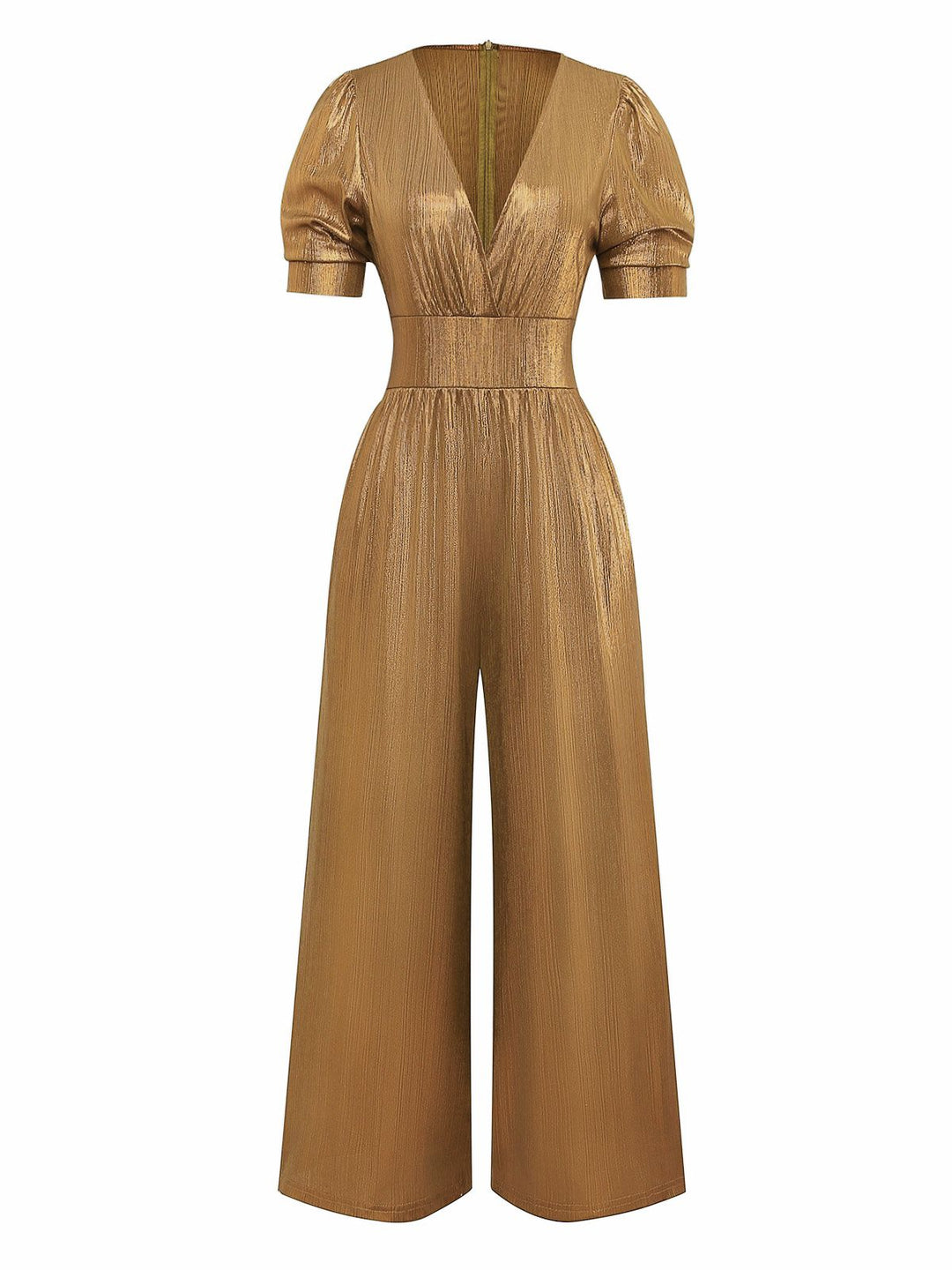 1970s Metallic V-Neck Wide-Leg Jumpsuit - vintage jumpsuit, retro fashion