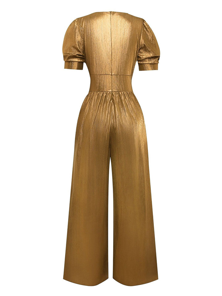 1970s Metallic V-Neck Wide-Leg Jumpsuit - vintage jumpsuit, retro fashion