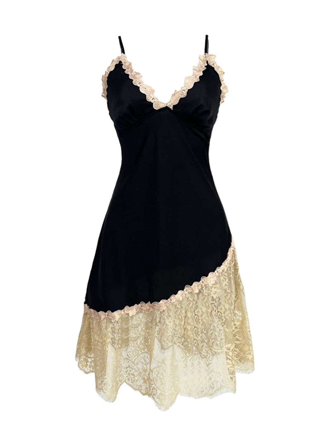 Black Lace Trim Spaghetti Strap Slip Nightgown - vintage nightgown, retro sleepwear, classic black