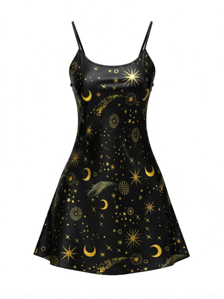 Black Spaghetti Strap Celestial Print Nightgown - vintage nightgown, retro sleepwear, classic black