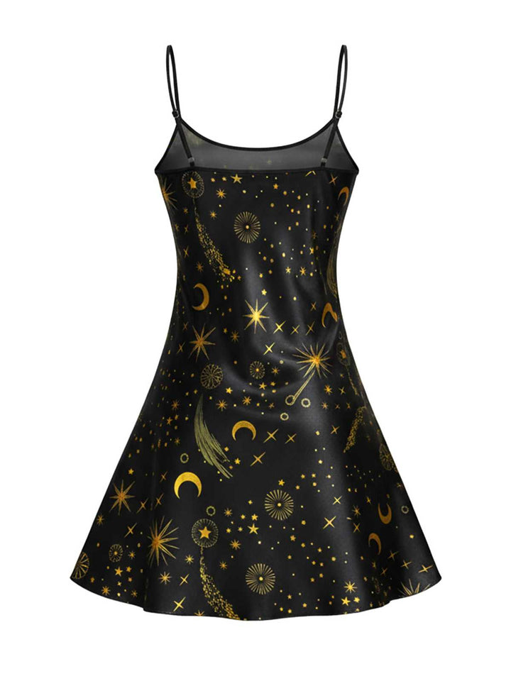 Black Spaghetti Strap Celestial Print Nightgown - vintage nightgown, retro sleepwear, classic black