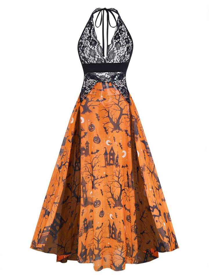 Orange Halloween Pumpkin Print Lace Halter Nightgown - vintage nightgown, retro sleepwear