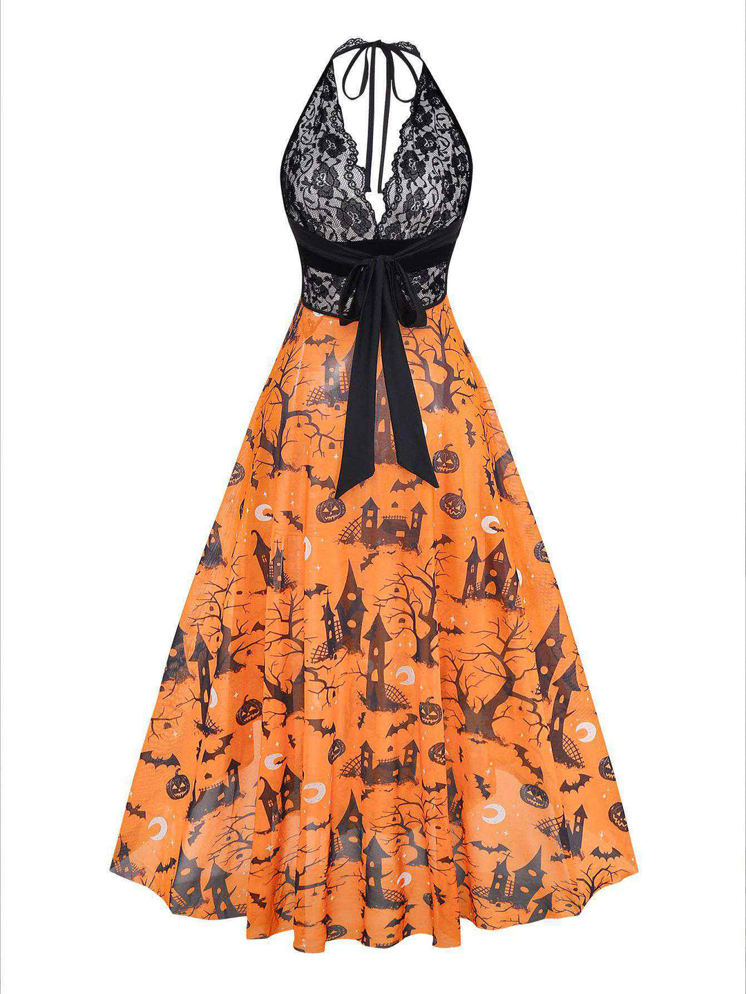 Orange Halloween Pumpkin Print Lace Halter Nightgown - vintage nightgown, retro sleepwear
