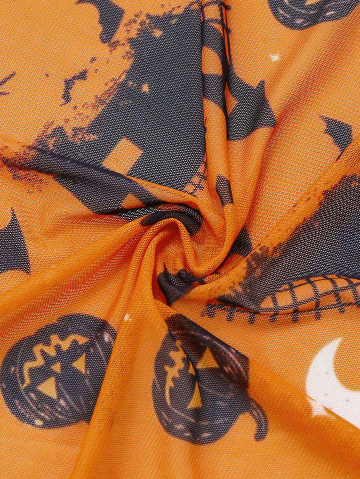 Orange Halloween Pumpkin Print Lace Halter Nightgown - vintage nightgown, retro sleepwear