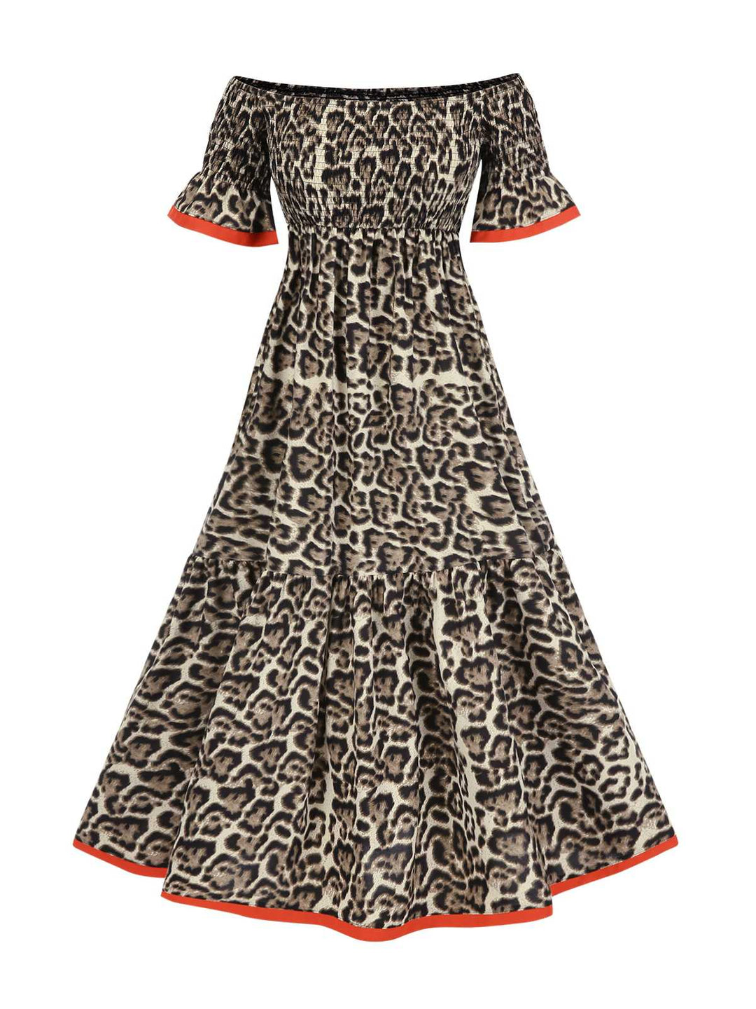 She slips into this 1970s Off-Shoulder Flare Sleeve Leopard Dress and suddenly it&