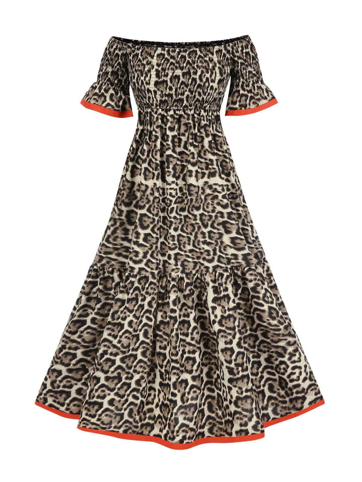 She slips into this 1970s Off-Shoulder Flare Sleeve Leopard Dress and suddenly it&