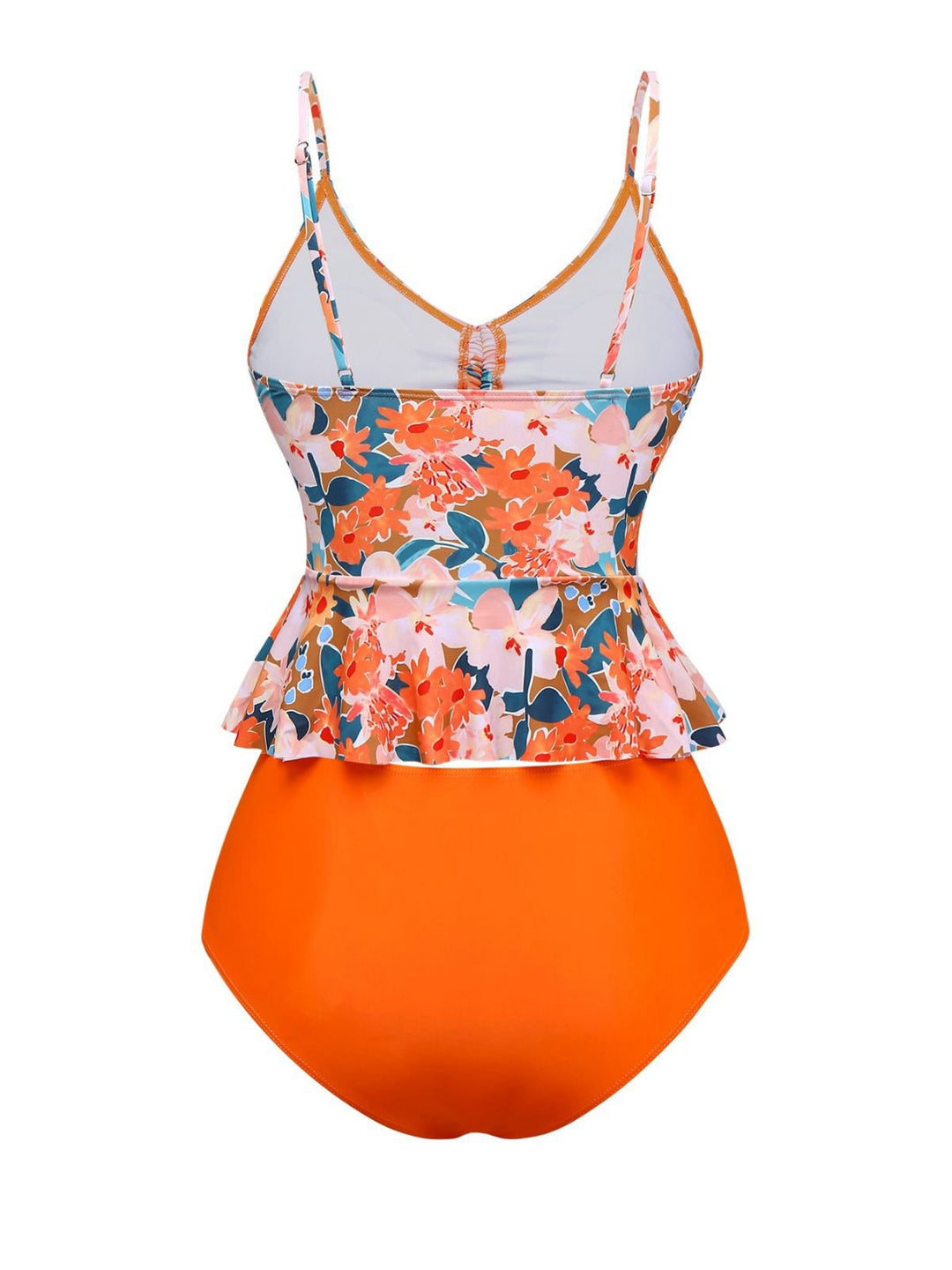 Orange 1970s Floral Drawstring Spaghetti Straps Tankini Set - vintage fashion, retro style