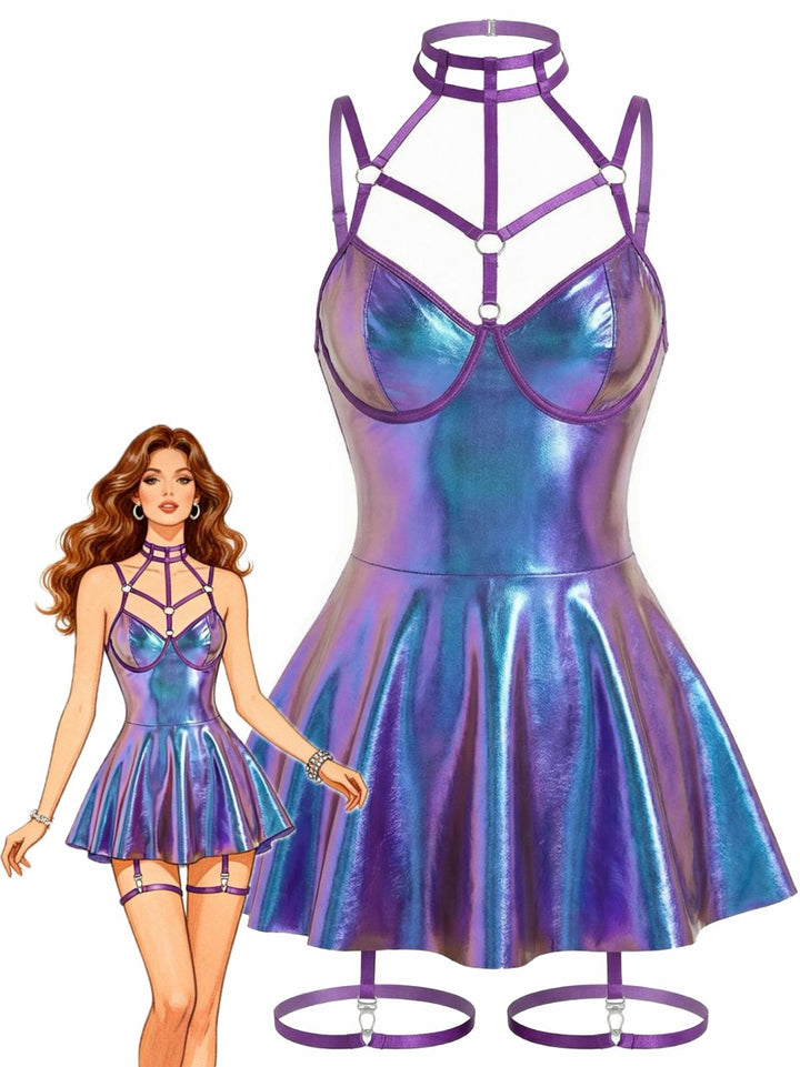 Patent Leather Halter Laser Slip Nightdress - vintage dress, retro fashion