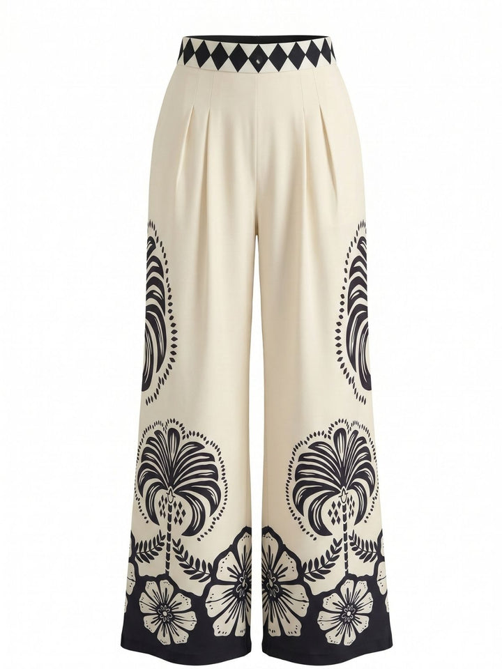 1970s Print High Waist Wide Leg Pants