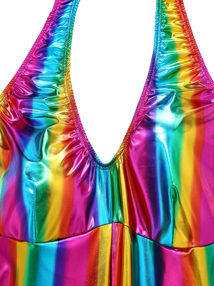 1970s Rainbow Colorblock Disco Halter Jumpsuit - vintage jumpsuit, retro fashion