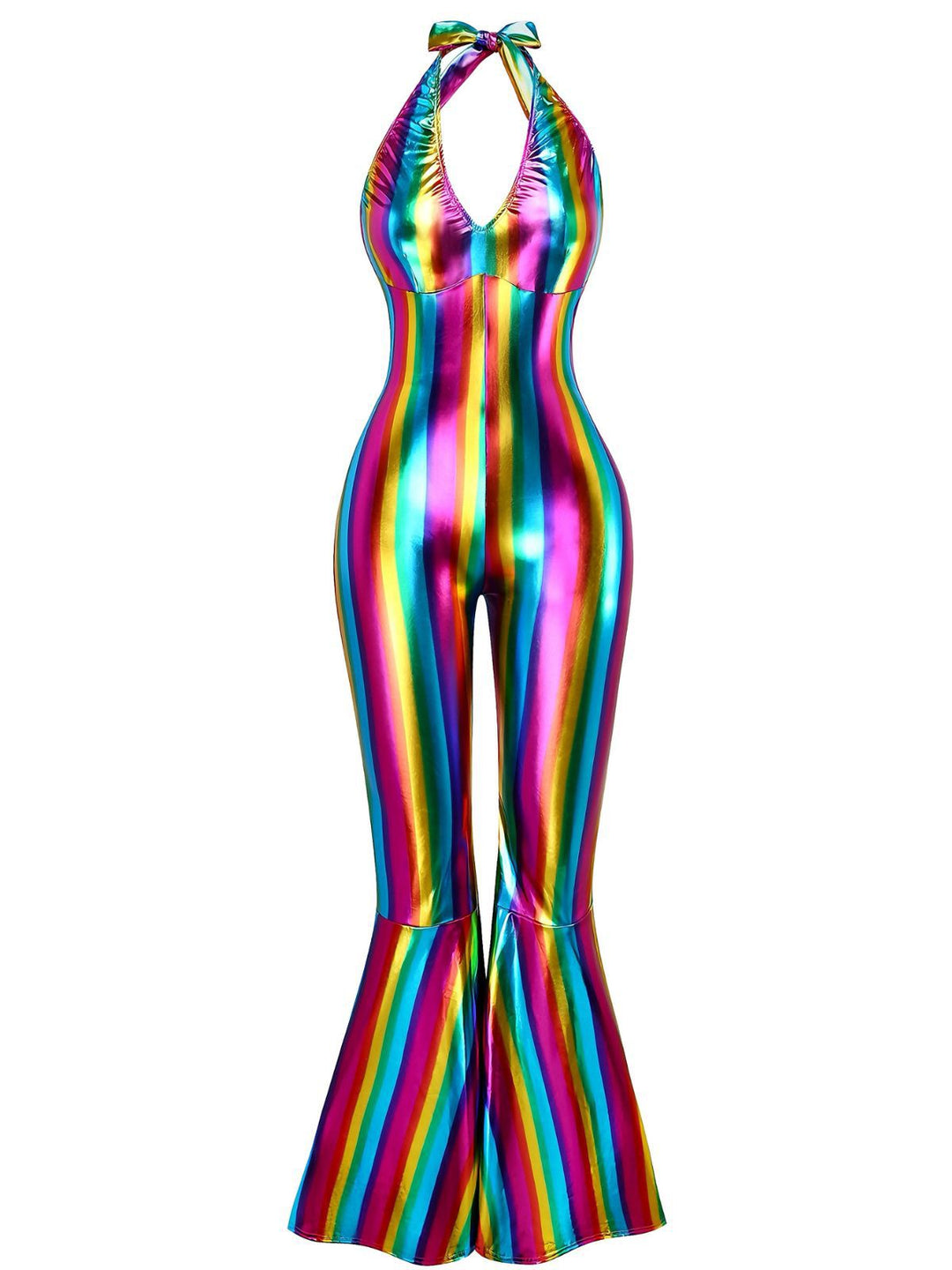1970s Rainbow Colorblock Disco Halter Jumpsuit - vintage jumpsuit, retro fashion