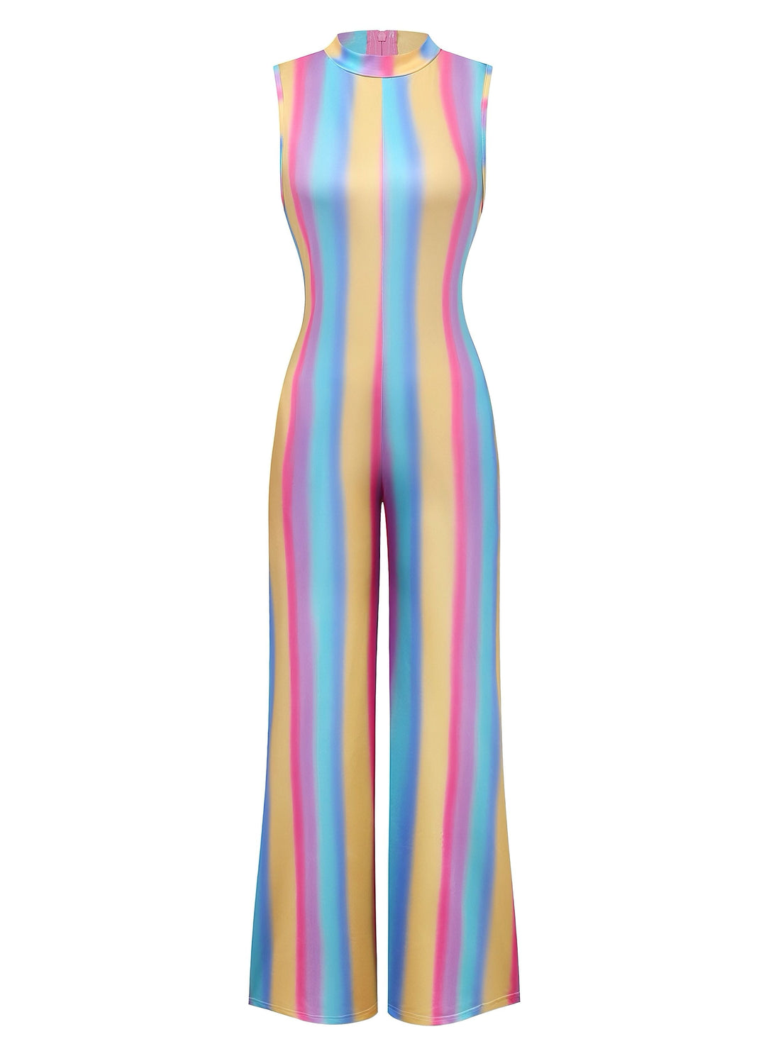 1970s Rainbow Stripe Sleeveless Wide-Leg Jumpsuit - vintage jumpsuit, retro fashion