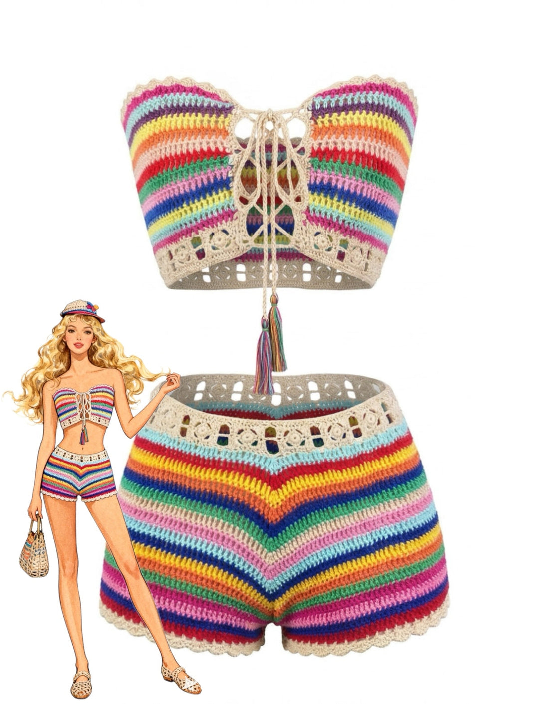 1970s Rainbow Striped Crochet Bandeau Bikini Set - vintage swimwear, retro swimsuit, pin-up style for vintage lovers