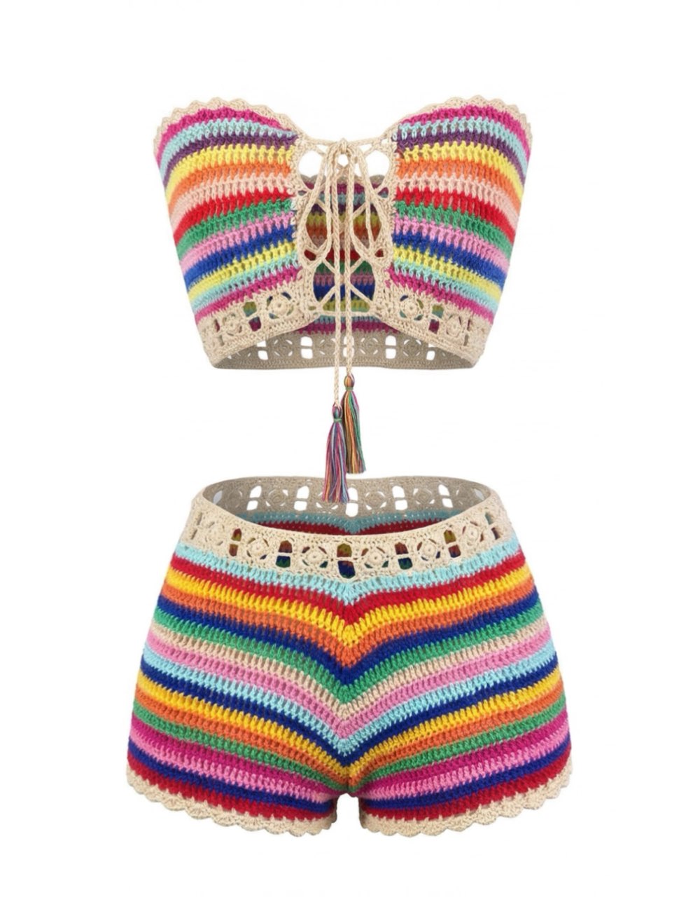 1970s Rainbow Striped Crochet Bandeau Bikini Set: beautiful vintage swimwear, retro swimsuit, pin-up style with timeless appeal