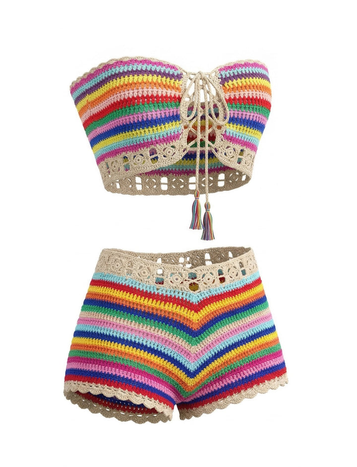 1970s Rainbow Striped Crochet Bandeau Bikini Set | vintage swimwear, retro swimsuit, pin-up style - perfect for retro fashion enthusiasts