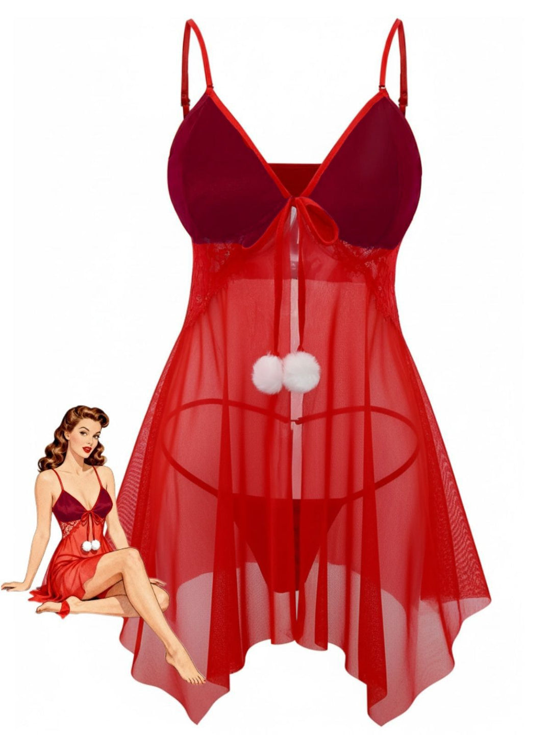 Red Sheer Babydoll Lace Lingerie Set With Pom Pom - vintage fashion, retro style, elegant red