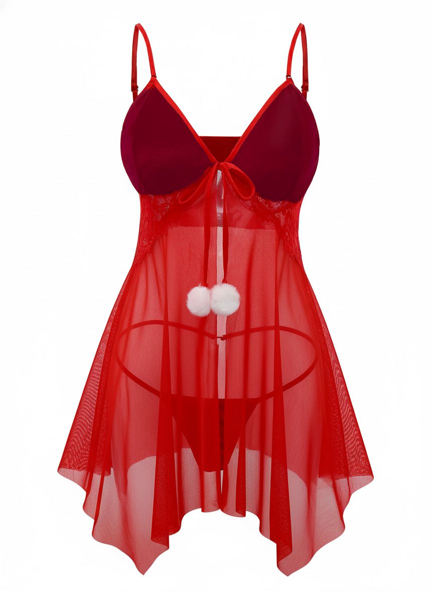 Red Sheer Babydoll Lace Lingerie Set With Pom Pom - vintage fashion, retro style, elegant red