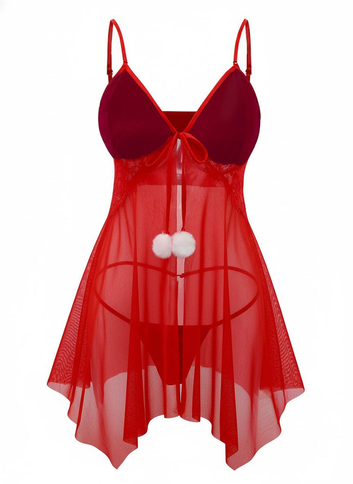 Red Sheer Babydoll Lace Lingerie Set With Pom Pom - vintage fashion, retro style, elegant red
