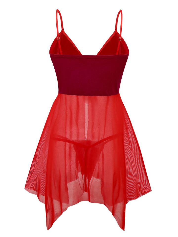 Red Sheer Babydoll Lace Lingerie Set With Pom Pom - vintage fashion, retro style, elegant red