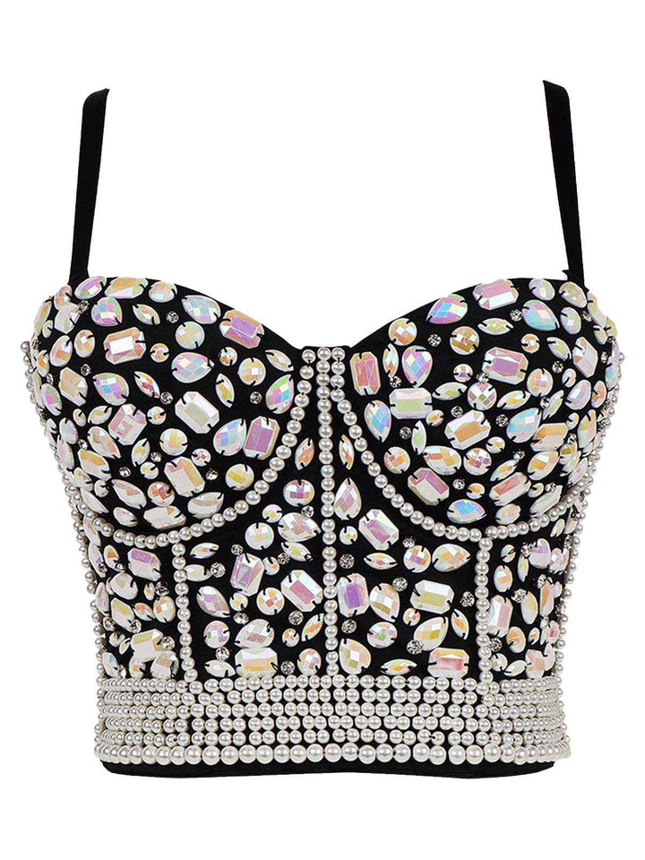 1970s Rhinestone Pearl Spaghetti Strap Corset Top - vintage fashion, retro style
