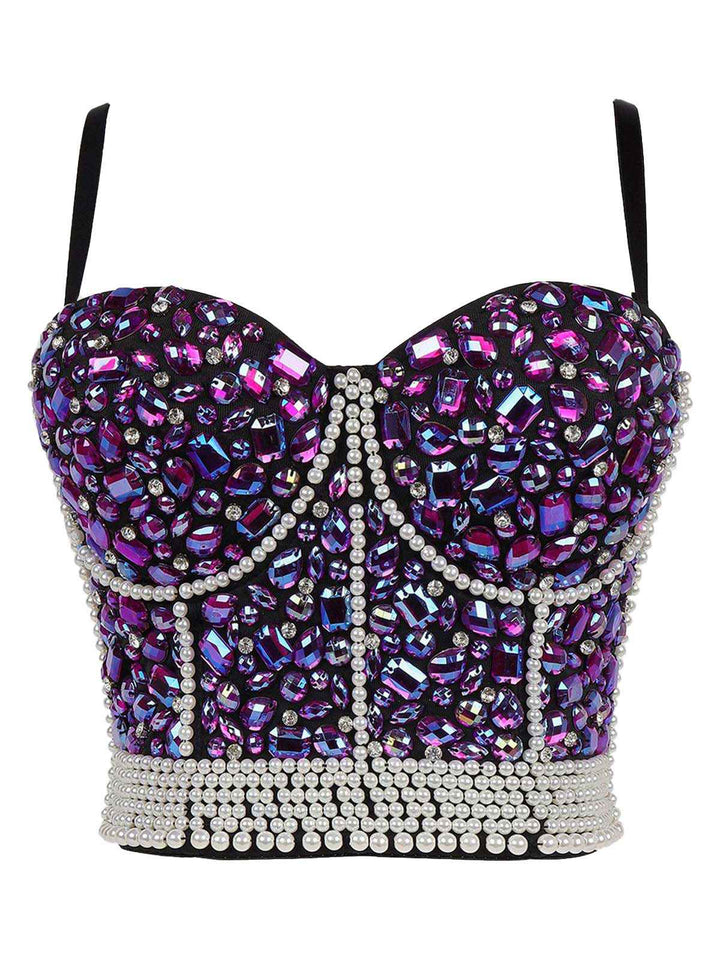 1970s Rhinestone Pearl Spaghetti Strap Corset Top - vintage fashion, retro style