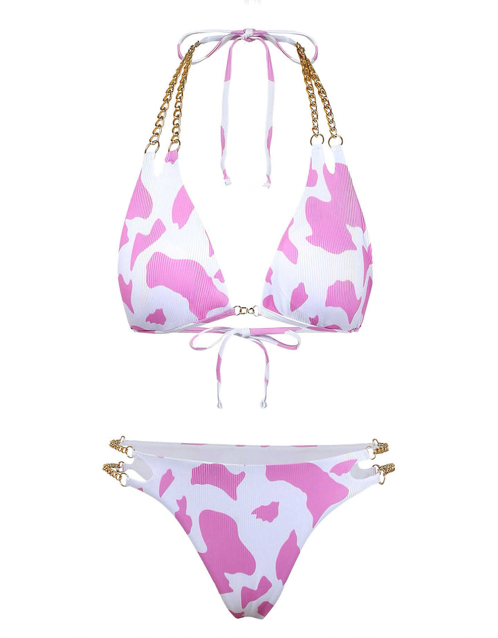 1970s Ribbed Cow Print Chain Halter Bikini Set - vintage fashion, retro style