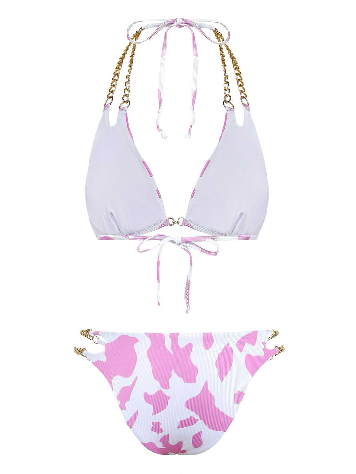 1970s Ribbed Cow Print Chain Halter Bikini Set - vintage fashion, retro style