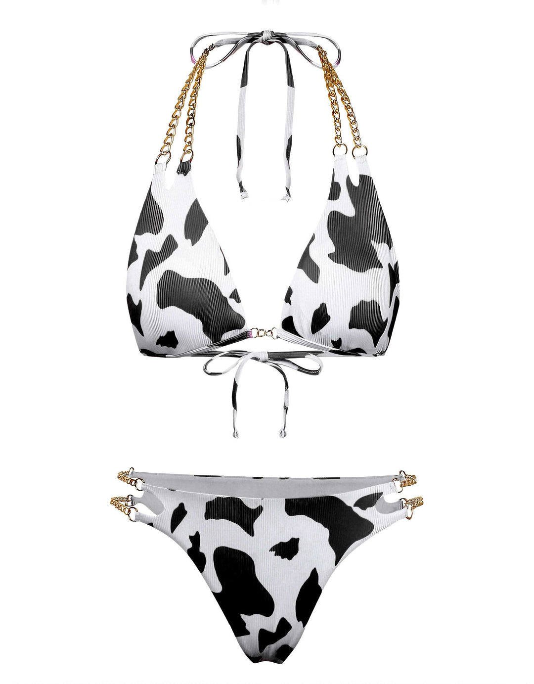 1970s Ribbed Cow Print Chain Halter Bikini Set - vintage fashion, retro style