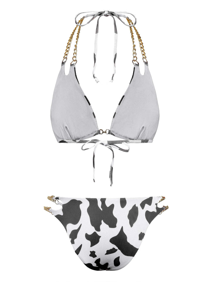 1970s Ribbed Cow Print Chain Halter Bikini Set - vintage fashion, retro style